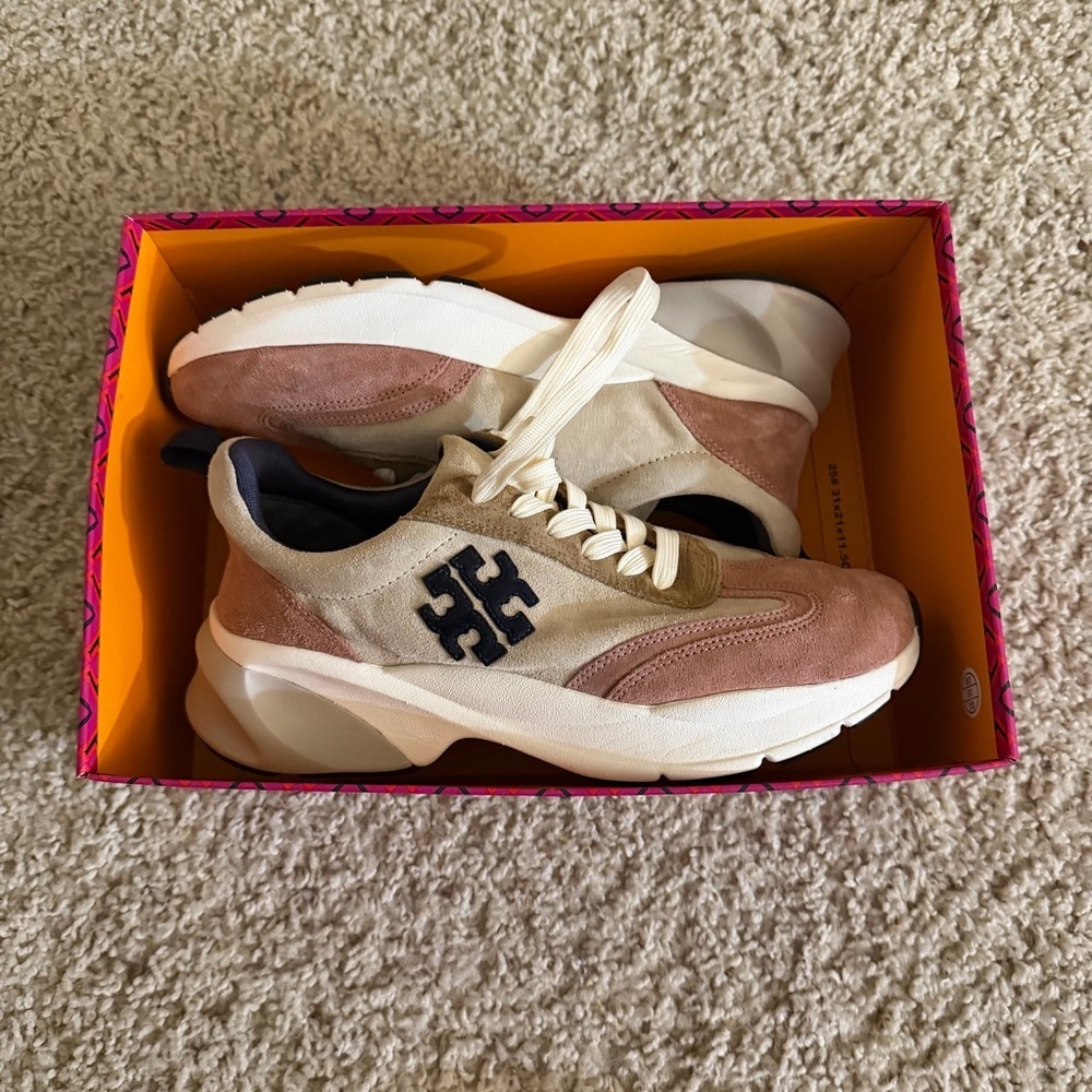 Tory Burch Pink Suede & Beige Suede Platform Sneakers with Black Logo - Picture 5 of 6